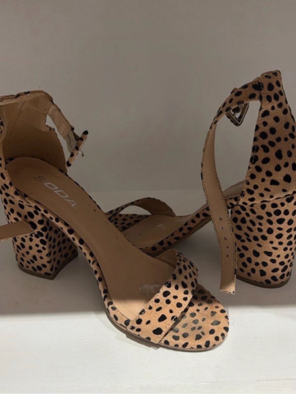 Soda Leopard-Print Block Heel Sandals in Tan and Black